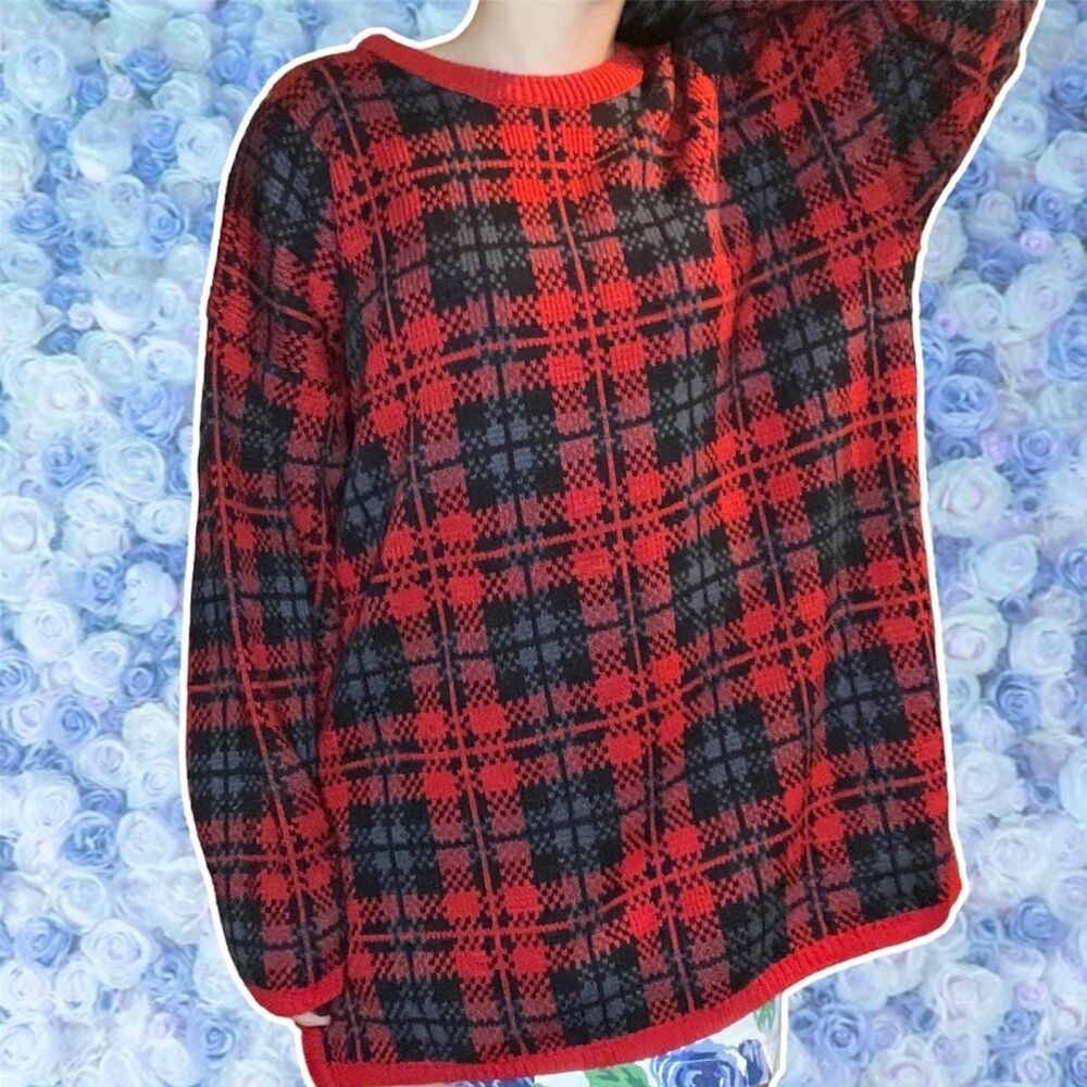 Vintage Plaid Tartan 2X Sweater Crew Neck Pullover Jumper Carolina Colors 22W